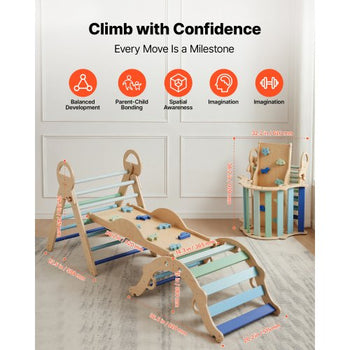 Pikler Triangle Set, 9-in-1 Toddler Climbing Toys Indoor, with 2 Wooden Cars, Cushion, Triangle, Arch, and Ramp, 150 lbs Load, Foldable Montessori Climbing Set for Toddlers and Kids, Blue