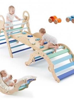Pikler Triangle Set, 9-in-1 Toddler Climbing Toys Indoor, with 2 Wooden Cars, Cushion, Triangle, Arch, and Ramp, 150 lbs Load, Foldable Montessori Climbing Set for Toddlers and Kids, Blue