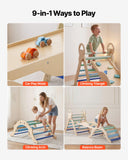 Pikler Triangle Set, 9-in-1 Toddler Climbing Toys Indoor, with 2 Wooden Cars, Cushion, Triangle, Arch, and Ramp, 150 lbs Load, Foldable Montessori Climbing Set for Toddlers and Kids, Blue