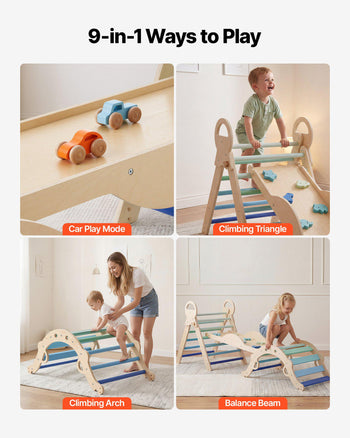 Pikler Triangle Set, 9-in-1 Toddler Climbing Toys Indoor, with 2 Wooden Cars, Cushion, Triangle, Arch, and Ramp, 150 lbs Load, Foldable Montessori Climbing Set for Toddlers and Kids, Blue