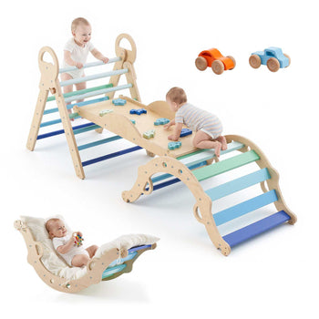 Pikler Triangle Set, 9-in-1 Toddler Climbing Toys Indoor, with 2 Wooden Cars, Cushion, Triangle, Arch, and Ramp, 150 lbs Load, Foldable Montessori Climbing Set for Toddlers and Kids, Blue