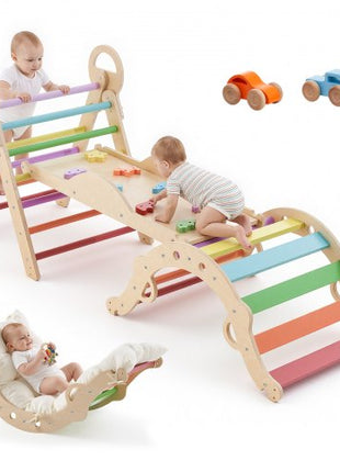 Pikler Triangle Set, 9-in-1 Toddler Climbing Toys Indoor, with 2 Wooden Cars, Cushion, Triangle, Arch, and Ramp, 150 lbs Load, Foldable Montessori Climbing Set for Toddlers and Kids, Rainbow