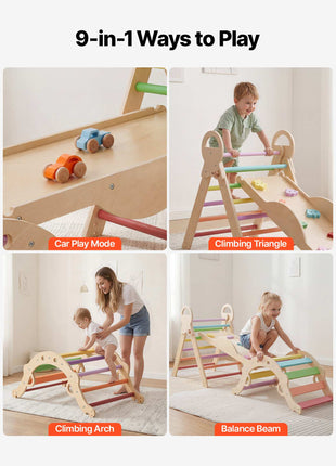 Pikler Triangle Set, 9-in-1 Toddler Climbing Toys Indoor, with 2 Wooden Cars, Cushion, Triangle, Arch, and Ramp, 150 lbs Load, Foldable Montessori Climbing Set for Toddlers and Kids, Rainbow