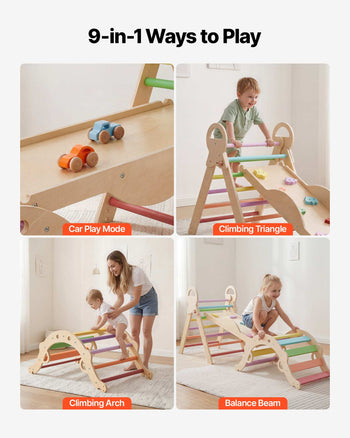 Pikler Triangle Set, 9-in-1 Toddler Climbing Toys Indoor, with 2 Wooden Cars, Cushion, Triangle, Arch, and Ramp, 150 lbs Load, Foldable Montessori Climbing Set for Toddlers and Kids, Rainbow