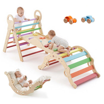 Pikler Triangle Set, 9-in-1 Toddler Climbing Toys Indoor, with 2 Wooden Cars, Cushion, Triangle, Arch, and Ramp, 150 lbs Load, Foldable Montessori Climbing Set for Toddlers and Kids, Rainbow