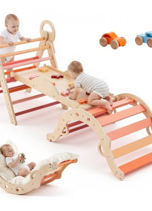 Pikler Triangle Set, 9-in-1 Toddler Climbing Toys Indoor, with 2 Wooden Cars, Cushion, Triangle, Arch, and Ramp, 150 lbs Load, Foldable Montessori Climbing Set for Toddlers and Kids, Orange