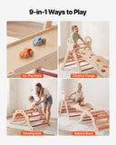 Pikler Triangle Set, 9-in-1 Toddler Climbing Toys Indoor, with 2 Wooden Cars, Cushion, Triangle, Arch, and Ramp, 150 lbs Load, Foldable Montessori Climbing Set for Toddlers and Kids, Orange