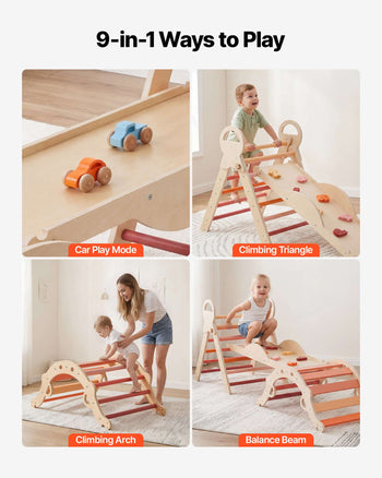 Pikler Triangle Set, 9-in-1 Toddler Climbing Toys Indoor, with 2 Wooden Cars, Cushion, Triangle, Arch, and Ramp, 150 lbs Load, Foldable Montessori Climbing Set for Toddlers and Kids, Orange