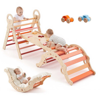 Pikler Triangle Set, 9-in-1 Toddler Climbing Toys Indoor, with 2 Wooden Cars, Cushion, Triangle, Arch, and Ramp, 150 lbs Load, Foldable Montessori Climbing Set for Toddlers and Kids, Orange