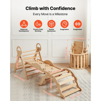 Pikler Triangle Set, 9-in-1 Toddler Climbing Toys Indoor, with 2 Wooden Cars, Cushion, Triangle, Arch, and Ramp, 150 lbs Load, Foldable Montessori Climbing Set for Toddlers and Kids, Wood Color