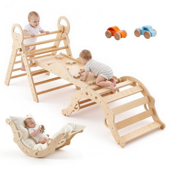 Pikler Triangle Set, 9-in-1 Toddler Climbing Toys Indoor, with 2 Wooden Cars, Cushion, Triangle, Arch, and Ramp, 150 lbs Load, Foldable Montessori Climbing Set for Toddlers and Kids, Wood Color
