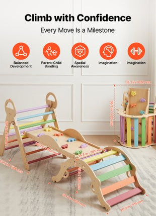 Pikler Triangle Set, 9-in-1 Toddler Climbing Toys Indoor, with Xylophone, Cushion, Triangle, Arch, and Ramp, 150 lbs Load, Foldable Montessori Climbing Set for Toddlers and Kids, Rainbow