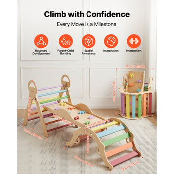 Pikler Triangle Set, 9-in-1 Toddler Climbing Toys Indoor, with Xylophone, Cushion, Triangle, Arch, and Ramp, 150 lbs Load, Foldable Montessori Climbing Set for Toddlers and Kids, Rainbow