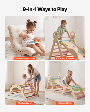 Pikler Triangle Set, 9-in-1 Toddler Climbing Toys Indoor, with Xylophone, Cushion, Triangle, Arch, and Ramp, 150 lbs Load, Foldable Montessori Climbing Set for Toddlers and Kids, Rainbow