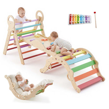 Pikler Triangle Set, 9-in-1 Toddler Climbing Toys Indoor, with Xylophone, Cushion, Triangle, Arch, and Ramp, 150 lbs Load, Foldable Montessori Climbing Set for Toddlers and Kids, Rainbow