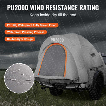Grey waterproof PU2000 truck bed tent with PE 120G fully sealed floor, designed for rain protection and durability.
