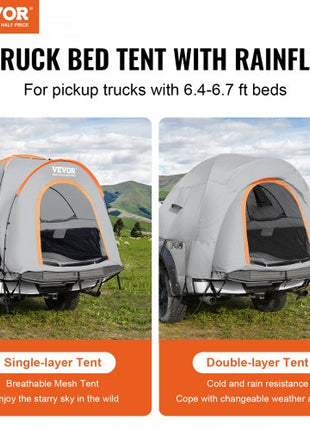 Truck Bed Tent, 6.4'-6.7' Pickup Truck Tent with Rain Layer and Carry Bag, Waterproof PU2000mm Double Layer Truck Tent, Accommodate 2-3 Person, for Camping Traveling Outdoor Activities