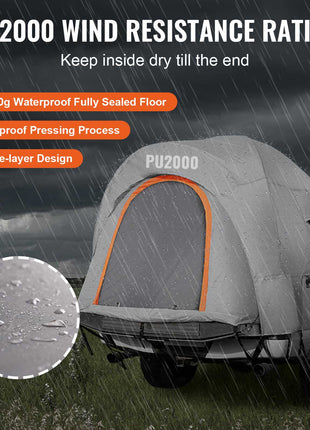 Gray waterproof truck tent with PU2000 wind resistance, double-layer design, and fully sealed floor for durable outdoor use.