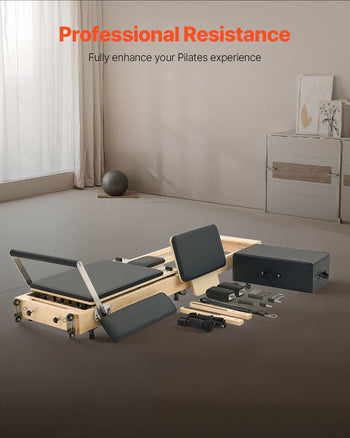 Foldable Pilates Reformer, Wooden Pilates Workout Machine for Home Gym Studio Use, Pilates Bed with Dual Resistance- Spring & Cord, Reformer Set with Sitting Box, Up to 400 LBS