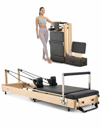 Foldable Pilates Reformer, Wooden Pilates Workout Machine for Home Gym Studio Use, Pilates Bed with Dual Resistance- Spring & Cord, Reformer Set with Sitting Box, Up to 400 LBS