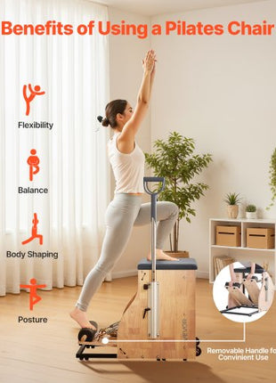 Pilates Chair, Split-Pedal Stability Combo Chairs with Handles, Rubber Wood Frame Yoga Fitness Trainer, Exercise Reformer, Pilates Resistance-Workout Equipment, for Home Gym Studio Workout