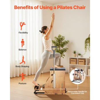 Pilates Chair, Split-Pedal Stability Combo Chairs with Handles, Rubber Wood Frame Yoga Fitness Trainer, Exercise Reformer, Pilates Resistance-Workout Equipment, for Home Gym Studio Workout