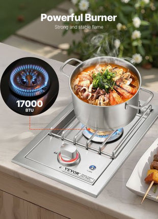 Single Grilling Side Burner, 17,000BTU Liquid Propane Side Burner for Outdoor Kitchen, Convertible to Natural Gas, 304 Stainless Steel Built-in Single Grill Burners with LED for BBQ Grill Island
