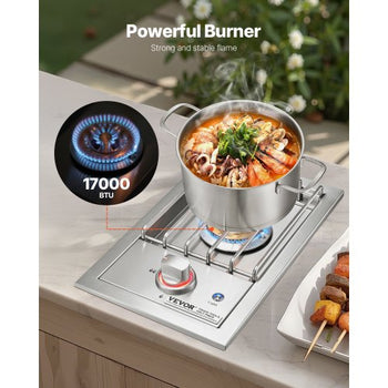 Single Grilling Side Burner, 17,000BTU Liquid Propane Side Burner for Outdoor Kitchen, Convertible to Natural Gas, 304 Stainless Steel Built-in Single Grill Burners with LED for BBQ Grill Island