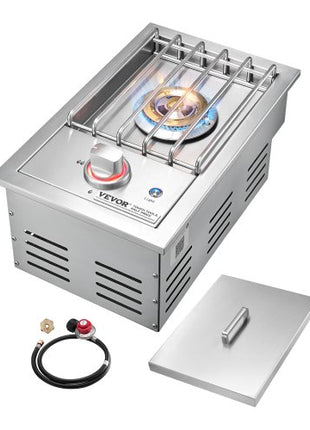 Single Grilling Side Burner, 17,000BTU Liquid Propane Side Burner for Outdoor Kitchen, Convertible to Natural Gas, 304 Stainless Steel Built-in Single Grill Burners with LED for BBQ Grill Island