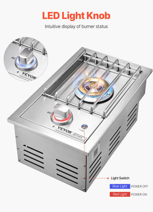 Single Grilling Side Burner, 17,000BTU Liquid Propane Side Burner for Outdoor Kitchen, Convertible to Natural Gas, 304 Stainless Steel Built-in Single Grill Burners with LED for BBQ Grill Island