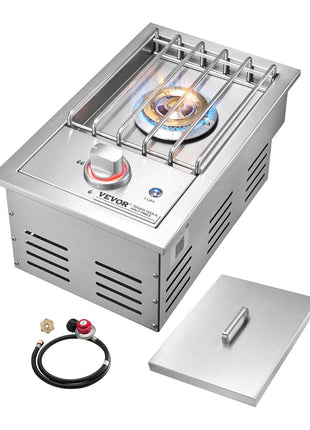 Single Grilling Side Burner, 17,000BTU Liquid Propane Side Burner for Outdoor Kitchen, Convertible to Natural Gas, 304 Stainless Steel Built-in Single Grill Burners with LED for BBQ Grill Island