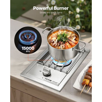 Single Grilling Side Burner, 15,000BTU Liquid Propane Side Burner for Outdoor Kitchen, Convertible to Natural Gas, 304 Stainless Steel Built-in Single Grill Burners for BBQ Grill Island