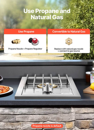 Single Grilling Side Burner, 15,000BTU Liquid Propane Side Burner for Outdoor Kitchen, Convertible to Natural Gas, 304 Stainless Steel Built-in Single Grill Burners for BBQ Grill Island
