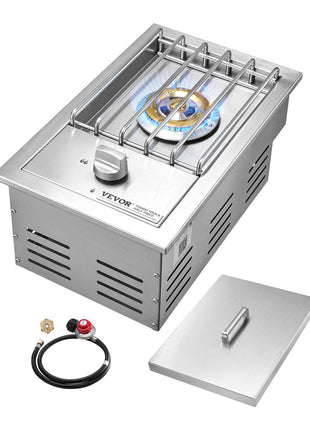 Single Grilling Side Burner, 15,000BTU Liquid Propane Side Burner for Outdoor Kitchen, Convertible to Natural Gas, 304 Stainless Steel Built-in Single Grill Burners for BBQ Grill Island