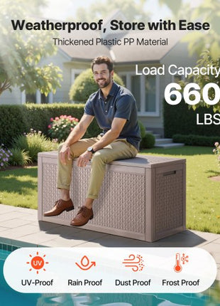 Outdoor Storage Box, 100 Gallon Resin Deck Box, Backyard Outside Toy and Towel Storage Cabinet Waterproof, for Patio Furniture Cushions, Garden Tools, Pool Supplies & Package Delivery (Grey)