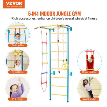 Indoor Jungle Gym for Toddlers, 5-in-1 Climbing Playset with Carbon Steel Swedish Ladder, Wall Ladder, Pull-Up Bar, Rope Ladder, and Gymnastic Rings, Supports 220 lbs, Multicolor