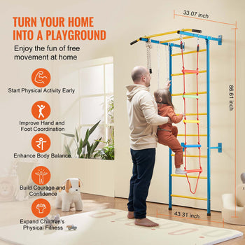 Indoor Jungle Gym for Toddlers, 5-in-1 Climbing Playset with Carbon Steel Swedish Ladder, Wall Ladder, Pull-Up Bar, Rope Ladder, and Gymnastic Rings, Supports 220 lbs, Multicolor