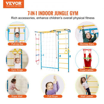 Indoor Jungle Gym for Toddlers, 7-in-1 Climbing Playset with Carbon Steel Swedish Ladder, Wall Ladder, Pull-Up Bar, Rope Ladder, and Gymnastic Rings, Supports 220 lbs, Multicolor