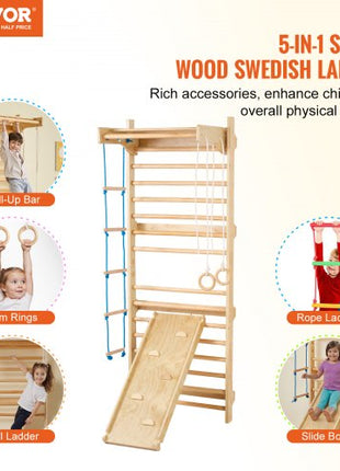 Swedish Ladder Wall Gym, 5 in 1 Wooden Indoor Playground Climbing Toys, 220 lbs Load Capacity Swedish Wall Ladder with Pull-Up Bar, Gymnastic Rings, Wall Ladder, Rope Ladder, and Slide Board
