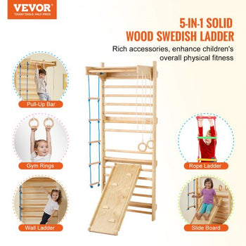 Swedish Ladder Wall Gym, 5 in 1 Wooden Indoor Playground Climbing Toys, 220 lbs Load Capacity Swedish Wall Ladder with Pull-Up Bar, Gymnastic Rings, Wall Ladder, Rope Ladder, and Slide Board