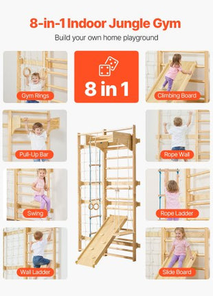 Swedish Ladder Wall Gym, 8-in-1 12-Level Solid Wood Gymnastic Stall Bars for Kids Adults, 220LBS Indoor Jungle Gym Playset with Climbing Board, Gym Rings, Pull-Up Bar, Wall Ladder, Slide, Swing