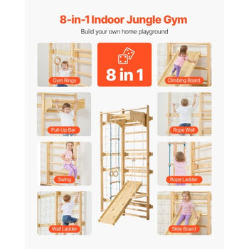 Swedish Ladder Wall Gym, 8-in-1 12-Level Solid Wood Gymnastic Stall Bars for Kids Adults, 220LBS Indoor Jungle Gym Playset with Climbing Board, Gym Rings, Pull-Up Bar, Wall Ladder, Slide, Swing