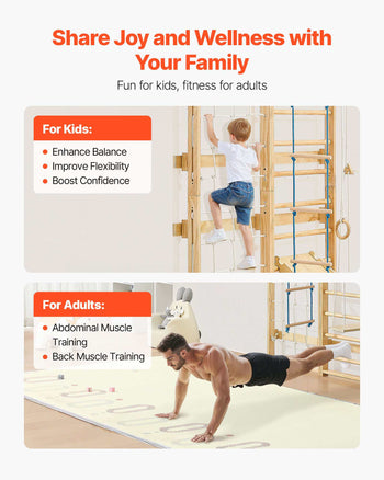 Swedish Ladder Wall Gym, 8-in-1 12-Level Solid Wood Gymnastic Stall Bars for Kids Adults, 220LBS Indoor Jungle Gym Playset with Climbing Board, Gym Rings, Pull-Up Bar, Wall Ladder, Slide, Swing