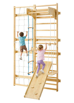 Swedish Ladder Wall Gym, 8-in-1 12-Level Solid Wood Gymnastic Stall Bars for Kids Adults, 220LBS Indoor Jungle Gym Playset with Climbing Board, Gym Rings, Pull-Up Bar, Wall Ladder, Slide, Swing
