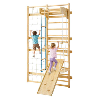 Swedish Ladder Wall Gym, 8-in-1 12-Level Solid Wood Gymnastic Stall Bars for Kids Adults, 220LBS Indoor Jungle Gym Playset with Climbing Board, Gym Rings, Pull-Up Bar, Wall Ladder, Slide, Swing