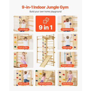 Swedish Ladder Wall Gym, 9-in-1 12-Level Solid Wood Gymnastic Stall Bars for Kids Adults, 220LBS Indoor Jungle Gym with Rock Climbing Wall, Gym Rings, Pull-Up Bar, Climbing Board, Slide, Swing