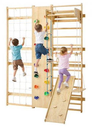 Swedish Ladder Wall Gym, 9-in-1 12-Level Solid Wood Gymnastic Stall Bars for Kids Adults, 220LBS Indoor Jungle Gym with Rock Climbing Wall, Gym Rings, Pull-Up Bar, Climbing Board, Slide, Swing