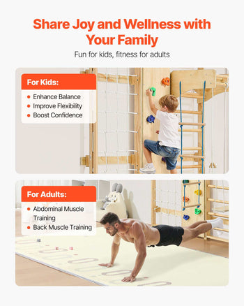 Swedish Ladder Wall Gym, 9-in-1 12-Level Solid Wood Gymnastic Stall Bars for Kids Adults, 220LBS Indoor Jungle Gym with Rock Climbing Wall, Gym Rings, Pull-Up Bar, Climbing Board, Slide, Swing