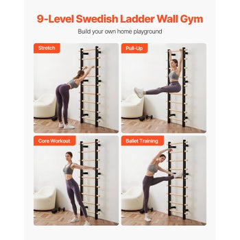 Swedish Ladder Wall Gym, 9-Level Swedish Ladder Suspension Trainer, 330LBS Loading Solid Wood + Carbon Steel Gymnastics Stall Bars for Adult, Compatible with 3.15" x 3.15" Power Rack Accessories