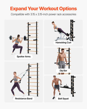 Swedish Ladder Wall Gym, 9-Level Swedish Ladder Suspension Trainer, 330LBS Loading Solid Wood + Carbon Steel Gymnastics Stall Bars for Adult, Compatible with 3.15" x 3.15" Power Rack Accessories